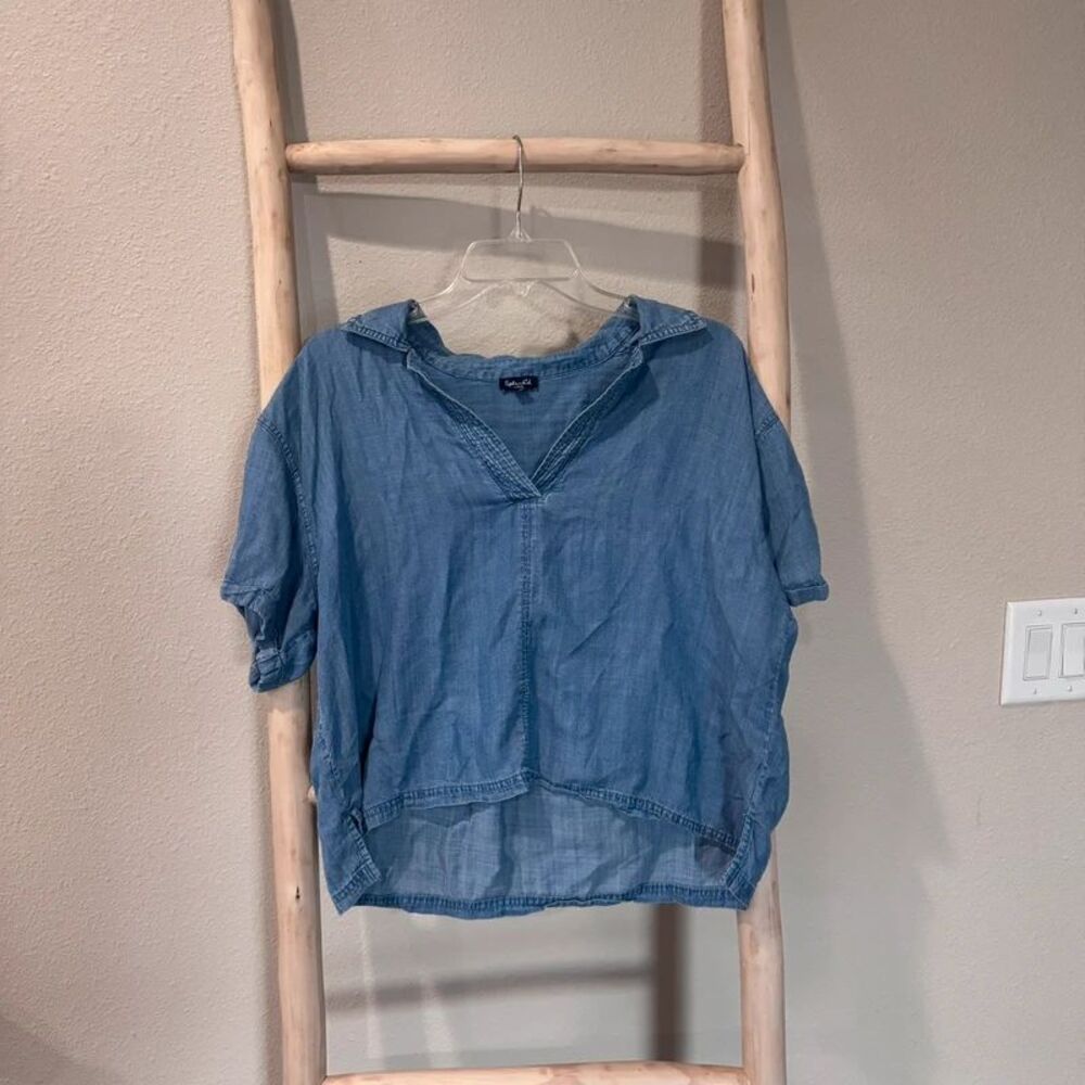 Splendid Indigo Lyocell V-Neck Short Sleeve Pullover Top Large